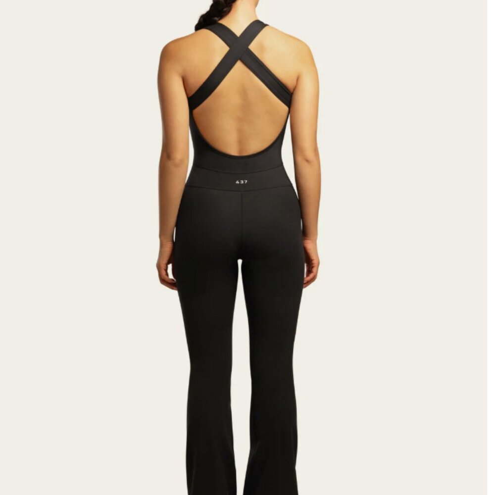 Black Halter Jumpsuit - Stretch Knit Romper - Picture 2 of 2